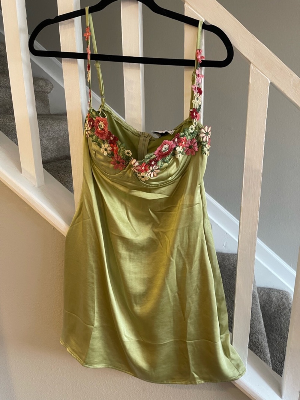 Princess Polly Olive Satin Mini Dress with Floral Embroidery - Picture 3 of 5